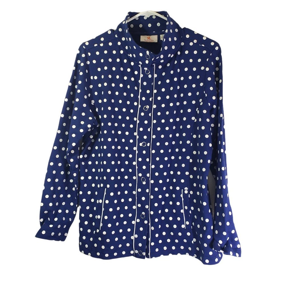 Quacker Factory Medium Blue and White Polka Dot Button Front Jacket Top